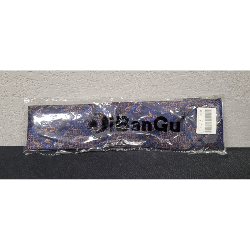 DiBanGu Dark Blue Gold Plaid Floral Tie Pocket Square Cufflinks Set Style #7296